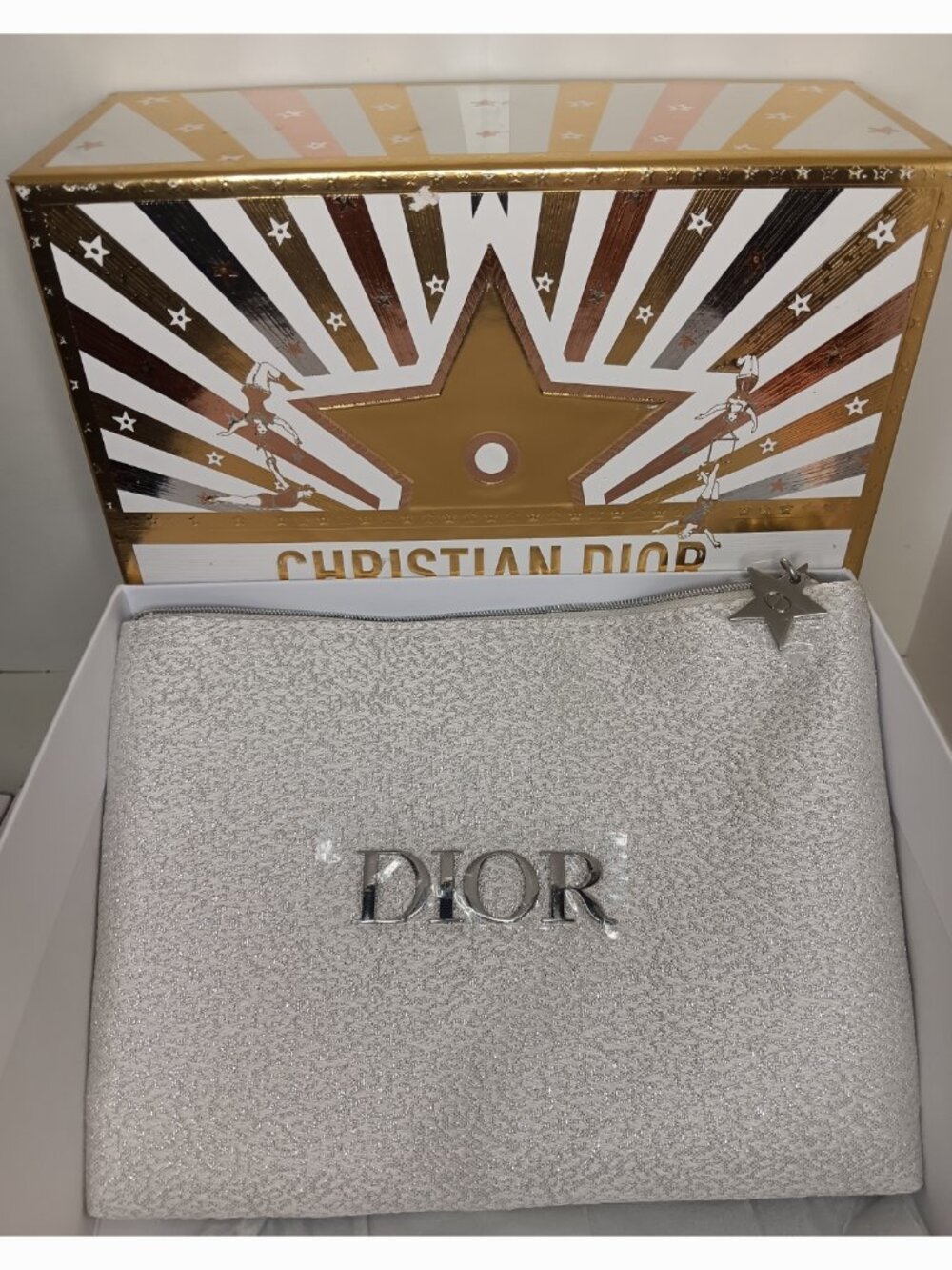 DIOR SHINY SILVER COSMETIC POUCH WITH CHRISTIAN DIOR LIMITED EDITION BOX